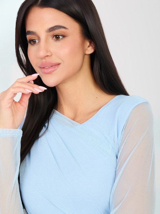 Elegantné svetlomodré body s dlhým rukávom a okrúhlym výstrihom