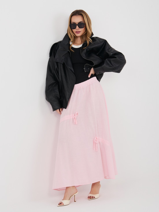 Svetloružová midi sukňa s viazaním