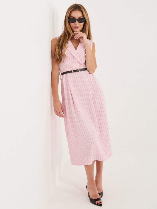 Elegantné ružové midi šaty s pásikom a golierom