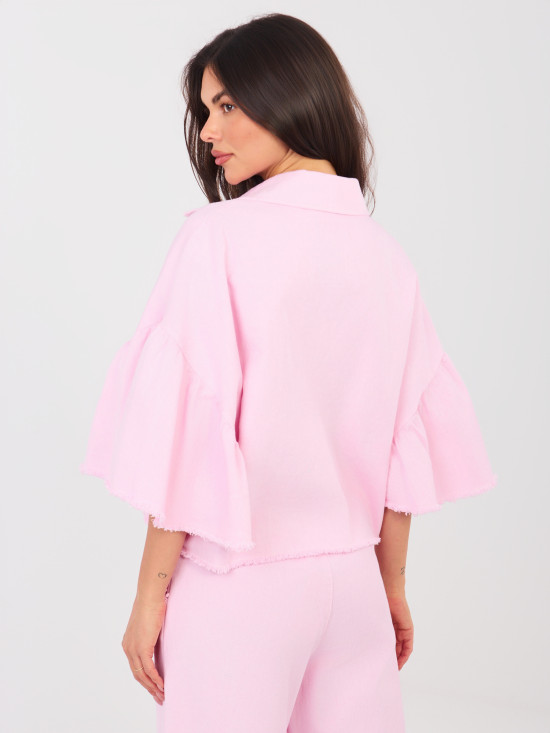 Krátka ružová džínsová bunda s volánom