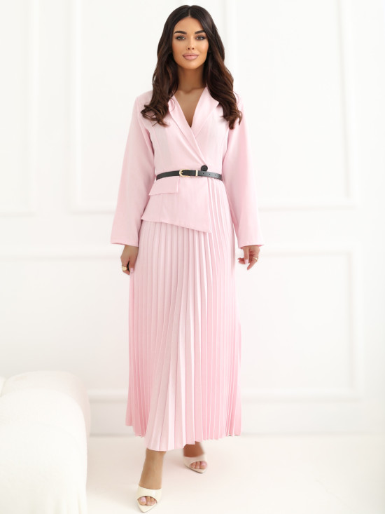 Elegantné rozšírené midi šaty s opaskom a golierom, ružové