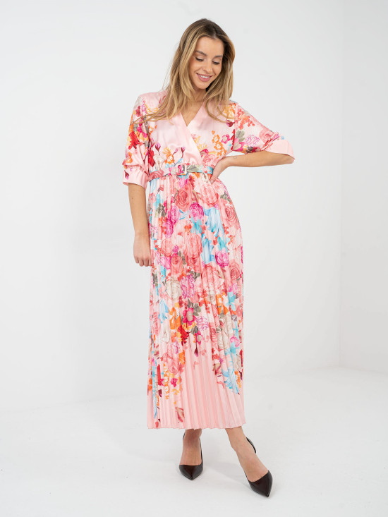 Maxi rozšírené šaty s kvetinovým vzorom a opaskom, ružové
