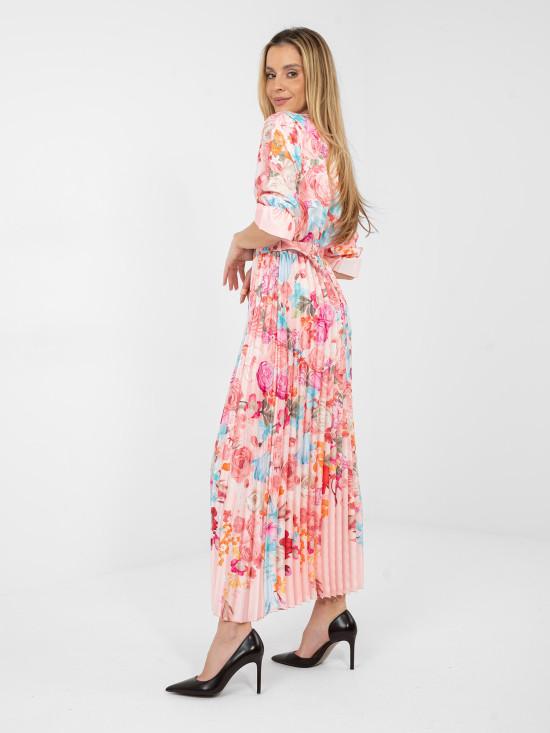 Maxi rozšírené šaty s kvetinovým vzorom a opaskom, ružové