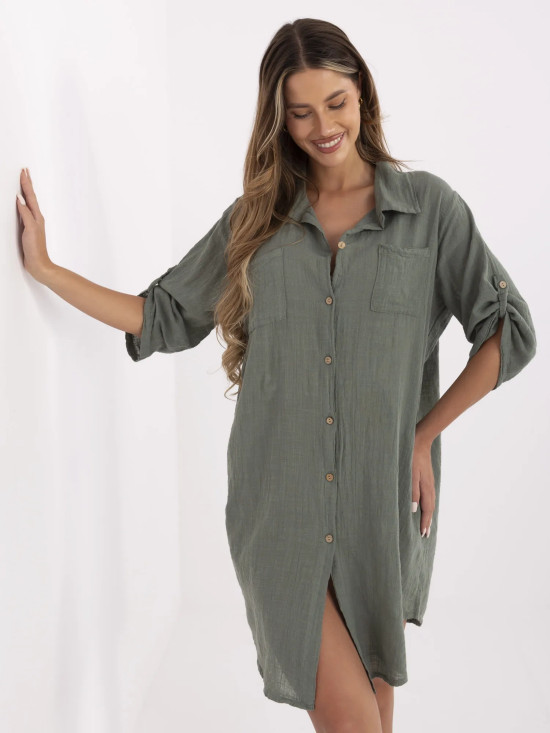 Oversize šaty s 3/4 rukávom v khaki farbe