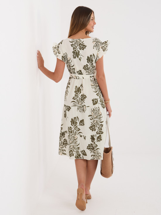Khaki midi šaty s potlačou a opaskom