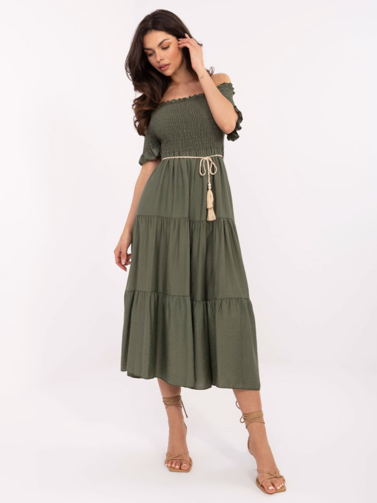 Khaki letné midi šaty s off-shoulder strihom