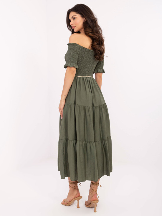 Khaki letné midi šaty s off-shoulder strihom