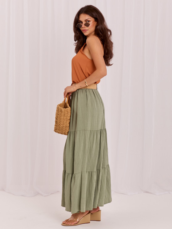 Maxi boho sukňa s volánom a opaskom, khaki