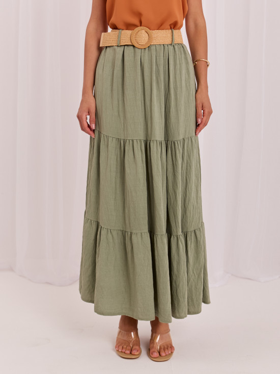 Maxi boho sukňa s volánom a opaskom, khaki
