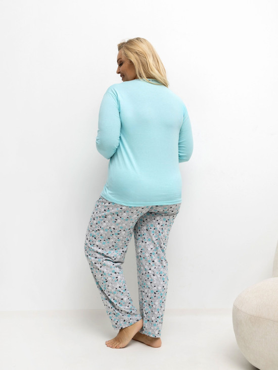 Dámske bavlnené pyžamo s kvetinovým vzorom a gombíkmi, mentolové