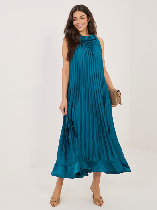 Modré koktejlové midi šaty s viazaním a volánom