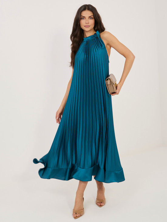 Modré koktejlové midi šaty s viazaním a volánom