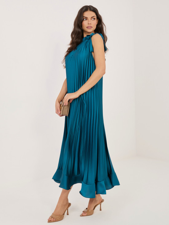 Modré koktejlové midi šaty s viazaním a volánom