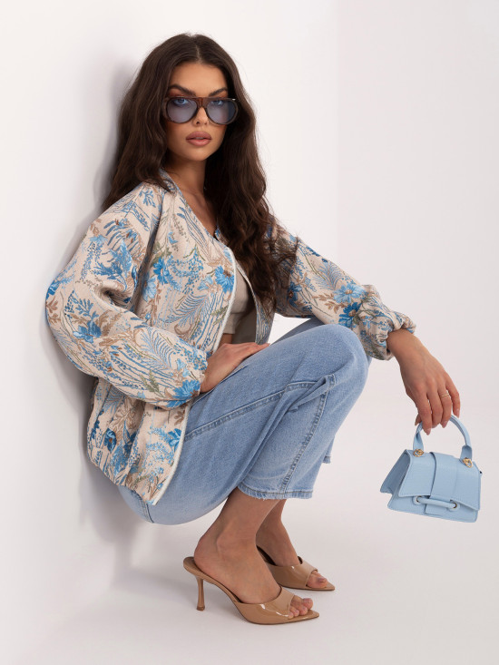 Modrá kvetinová bomber bunda bez kapucne