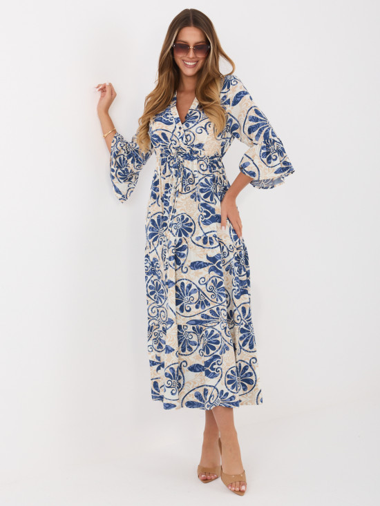 Modré midi šaty s potlačou a viazaním