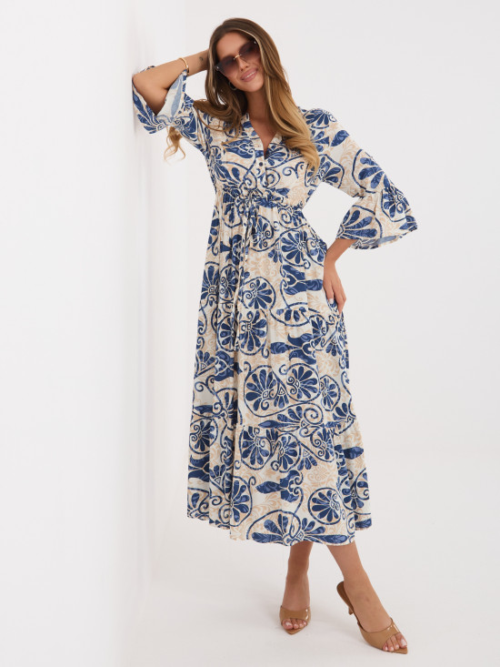 Modré midi šaty s potlačou a viazaním