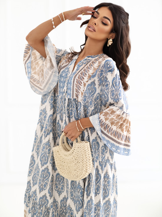 Modré maxi šaty s potlačou a 3/4 rukávmi