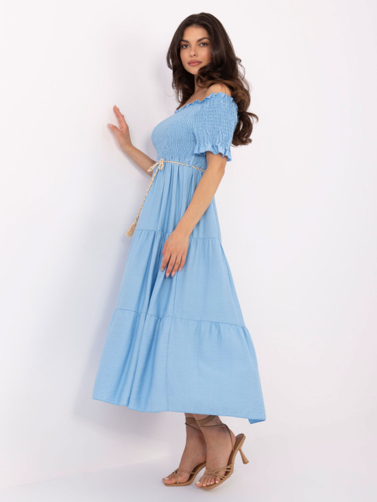 Modré letné midi šaty s off-shoulder strihom