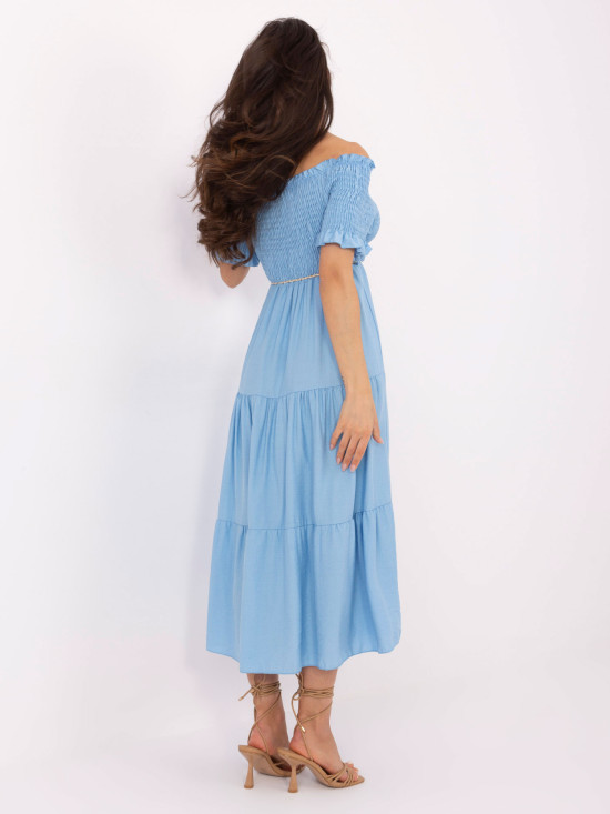Modré letné midi šaty s off-shoulder strihom