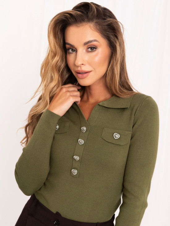 Elegantný khaki pulóver s golierom a gombíkmi