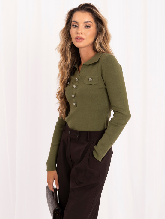 Elegantný khaki pulóver s golierom a gombíkmi