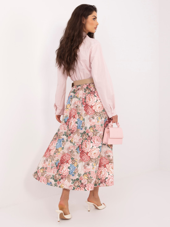 Ružová midi sukňa s kvetinovým vzorom a opaskom