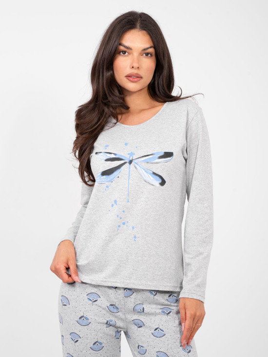 Dámske sivé bavlnené pyžamo s potlačou a gombíkmi