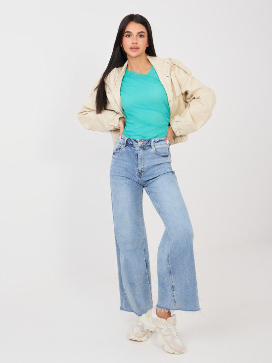 Elegantné tyrkysové body s dlhým rukávom a okrúhlym výstrihom