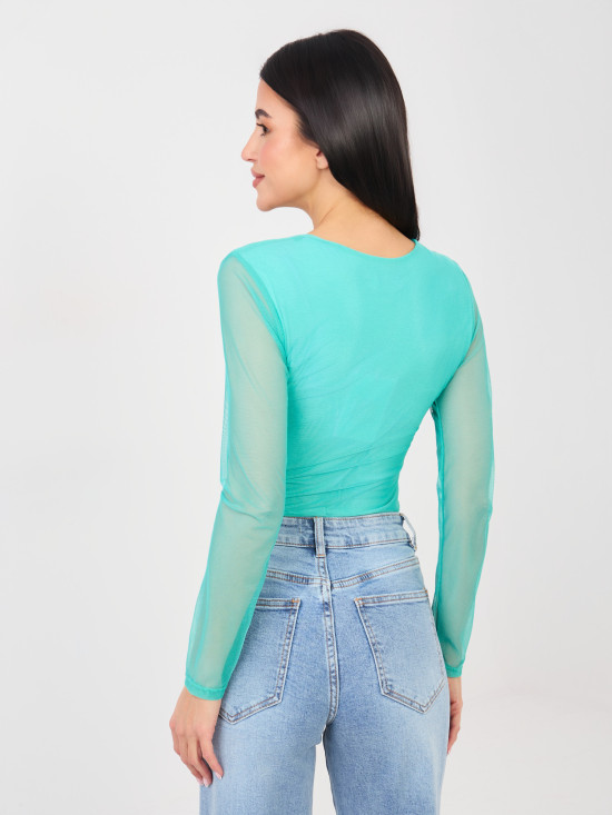 Elegantné tyrkysové body s dlhým rukávom a okrúhlym výstrihom