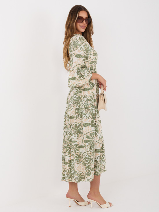 Zelené midi šaty s potlačou a viazaním