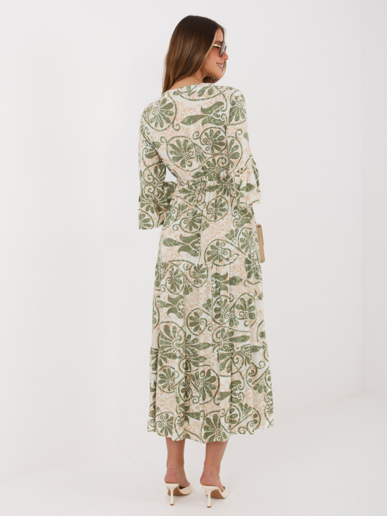 Zelené midi šaty s potlačou a viazaním