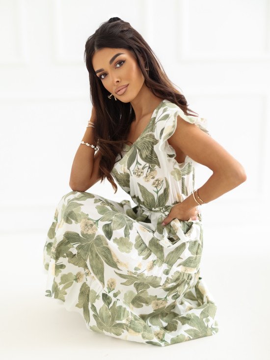 Zelené rozšírené midi šaty s opaskom a volánom