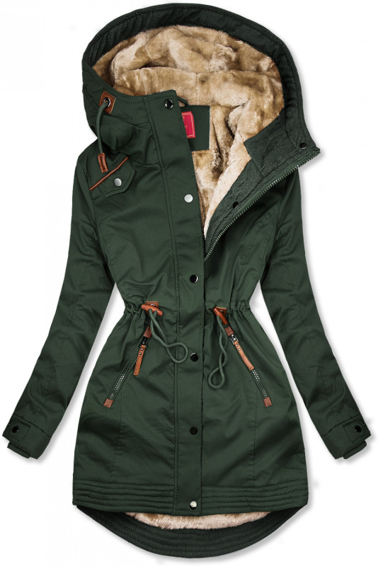 Khaki predĺžená parka s plyšom
