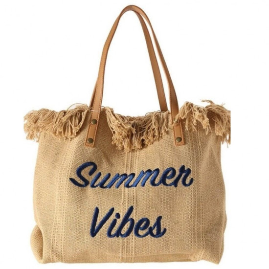 Plážová taška SUMMER VIBES so strapcami prírodná