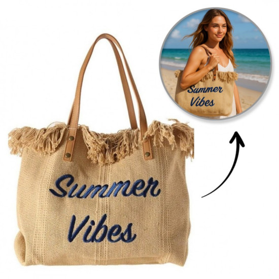 Plážová taška SUMMER VIBES so strapcami prírodná