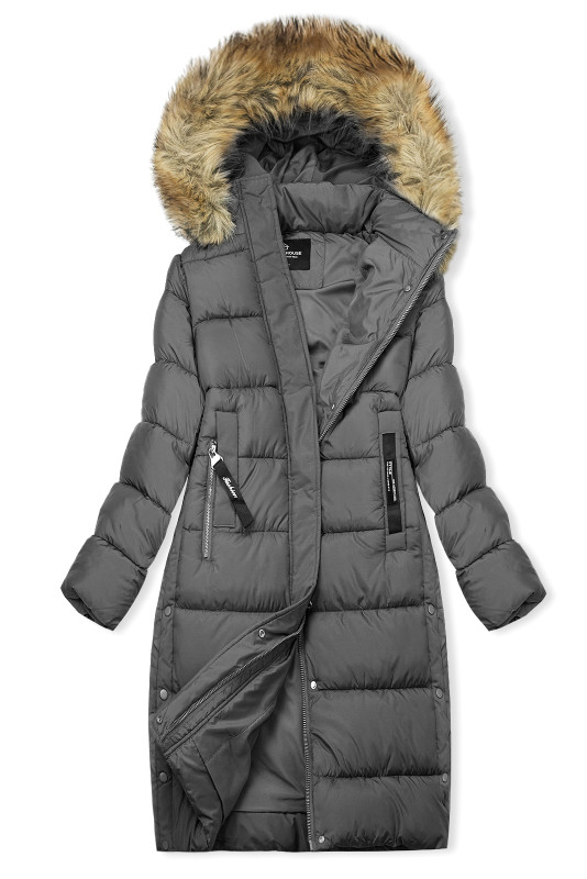 Sivá dlhá zimná bunda s kožušinou