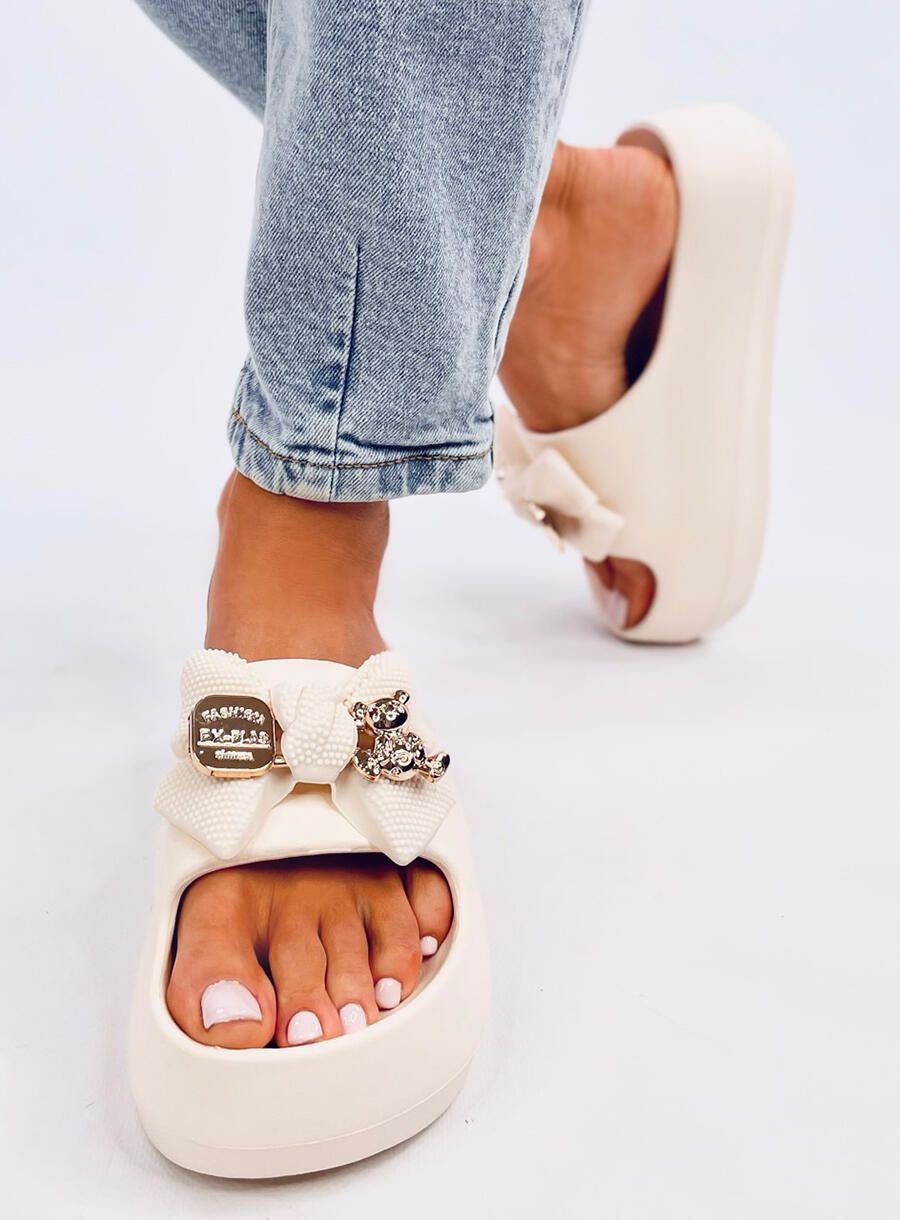 Biele dámske gumové šľapky s mašľou