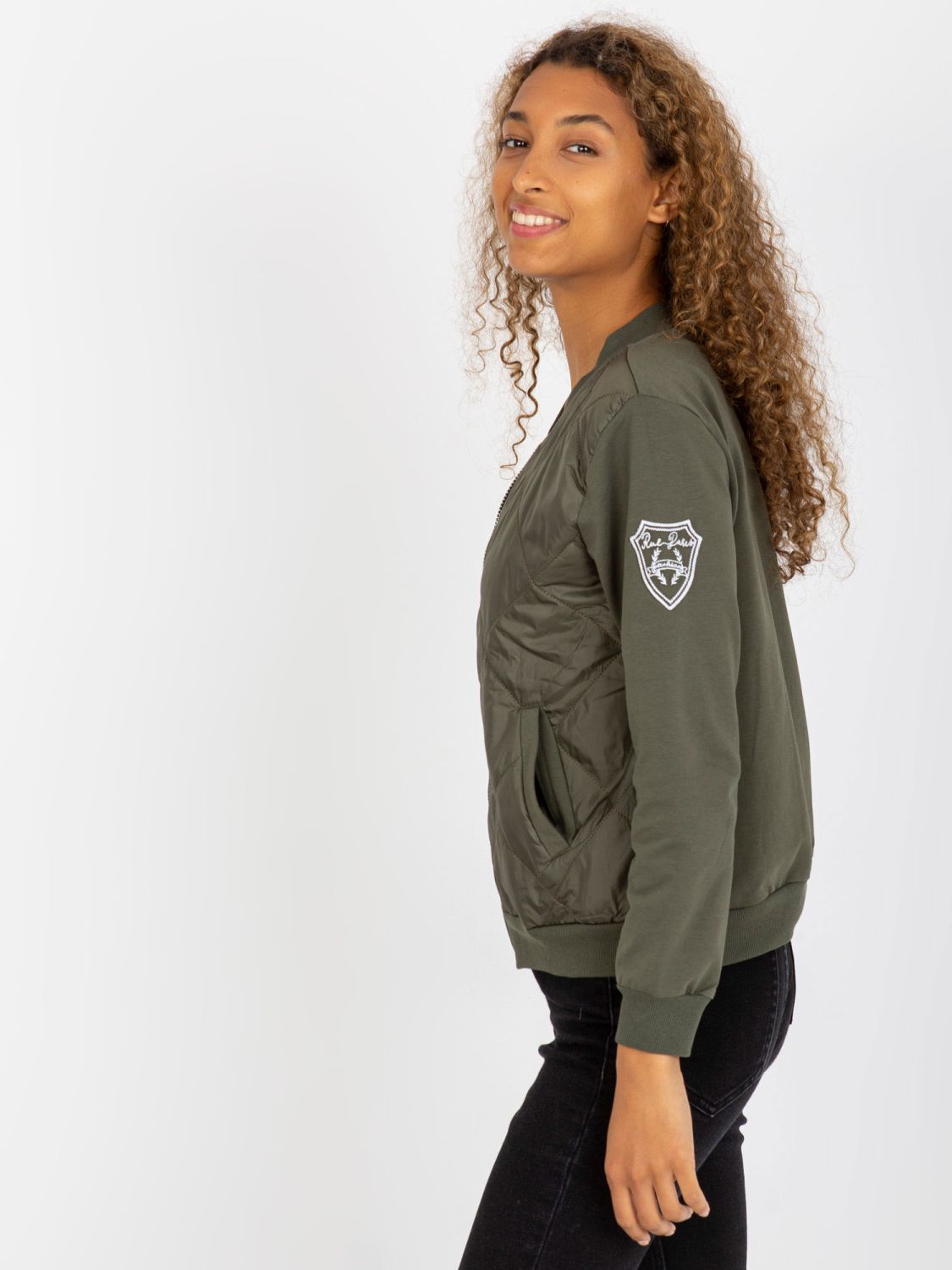 Khaki prešívaná bomber mikina s vreckami
