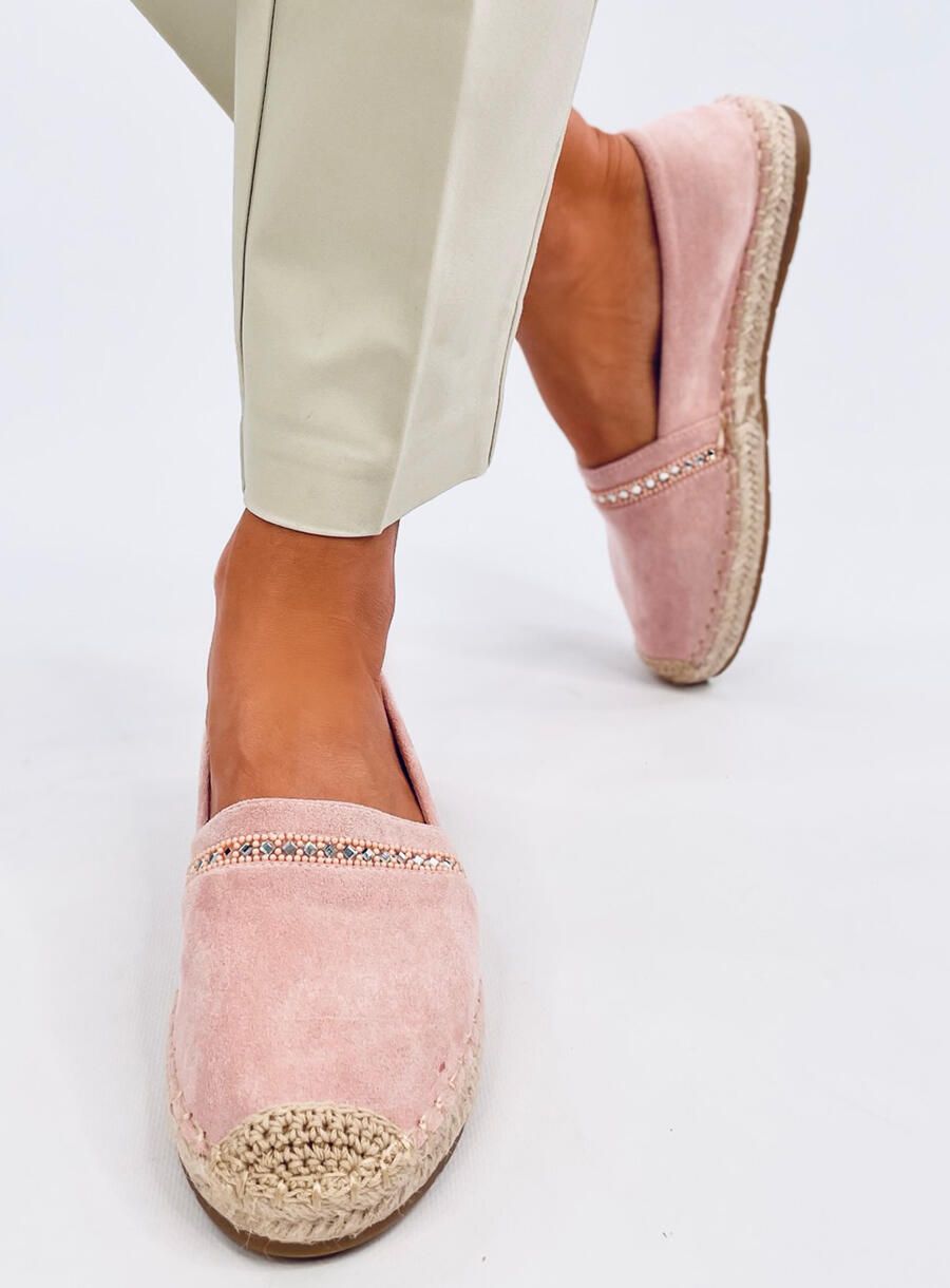 Svetloružové semišové espadrilky s kamienkami