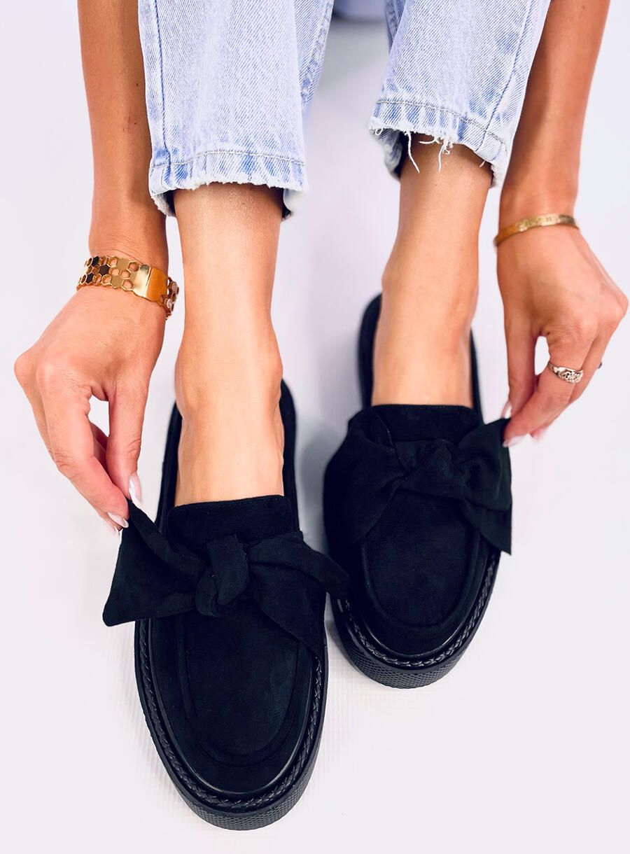 Čierne semišové mokasíny na platforme s mašľou