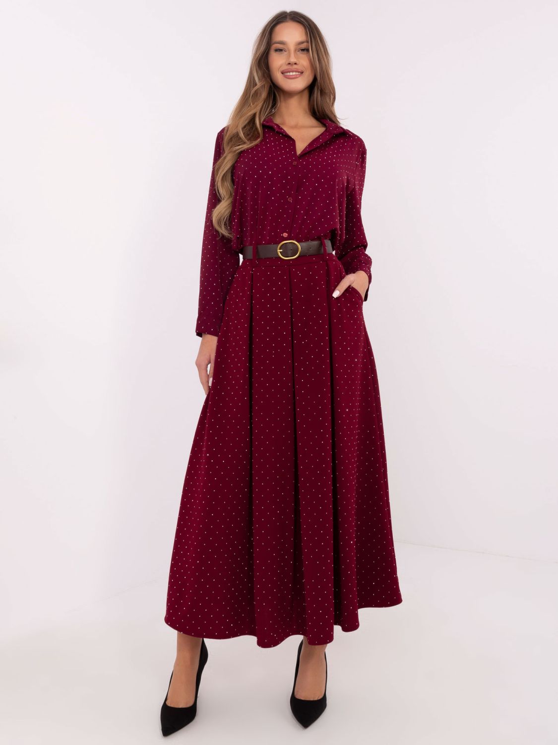 Elegantná maxi sukňa s aplikáciou bordová