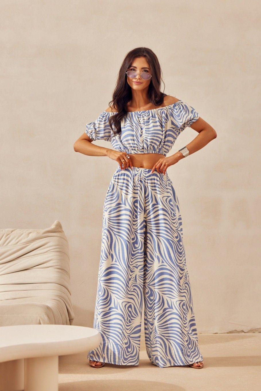 Modré wide leg nohavice s ľanom