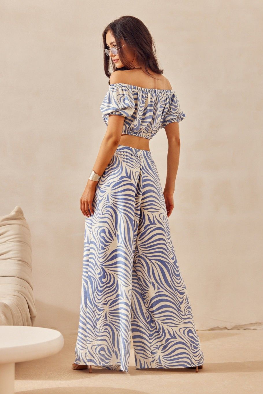 Modré wide leg nohavice s ľanom