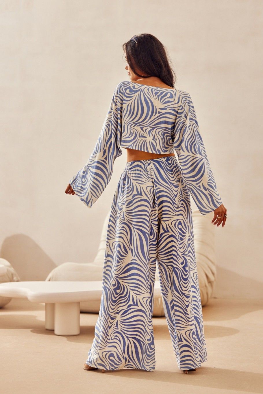 Modré wide leg nohavice s ľanom