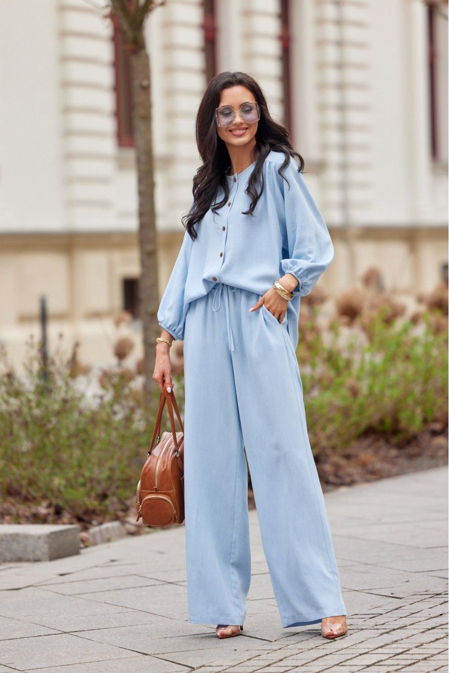 Svetlomodré široké nohavice z tkaniny Tencel
