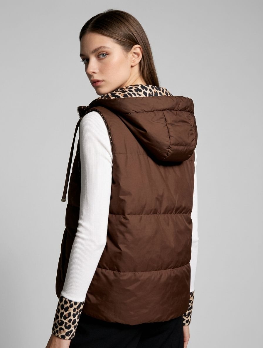 Obojstranná vesta s leopardím vzorom čokoládovohnedá