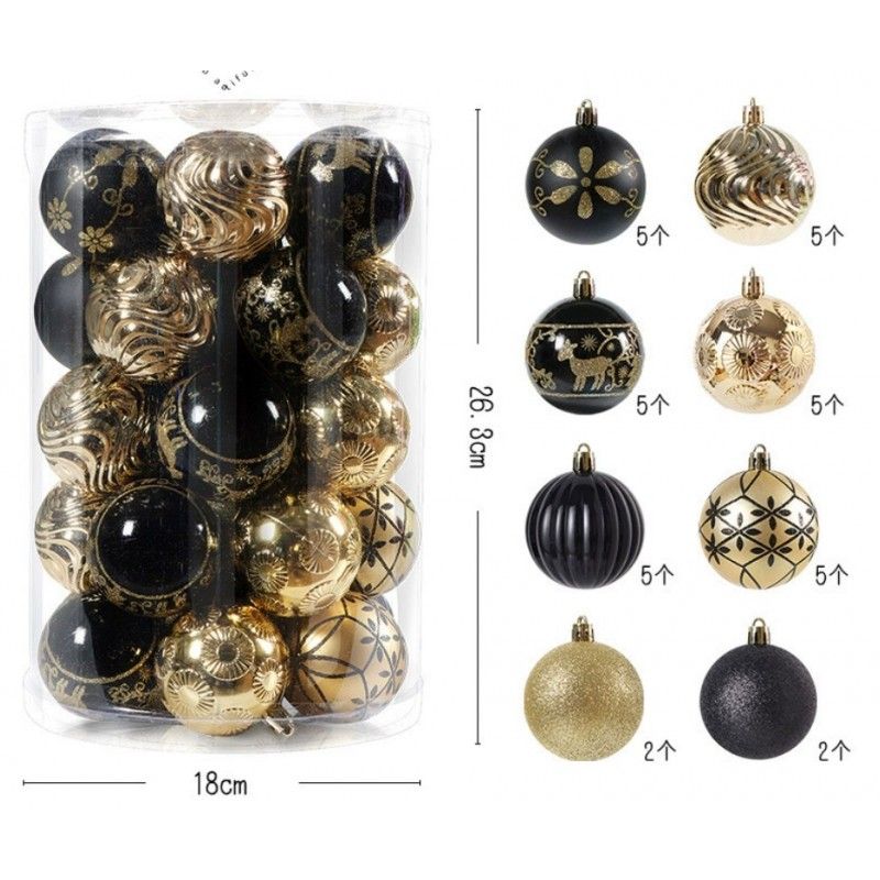 Ozdoby na stromček čierna/zlatá, 6 cm, 34 kusov
