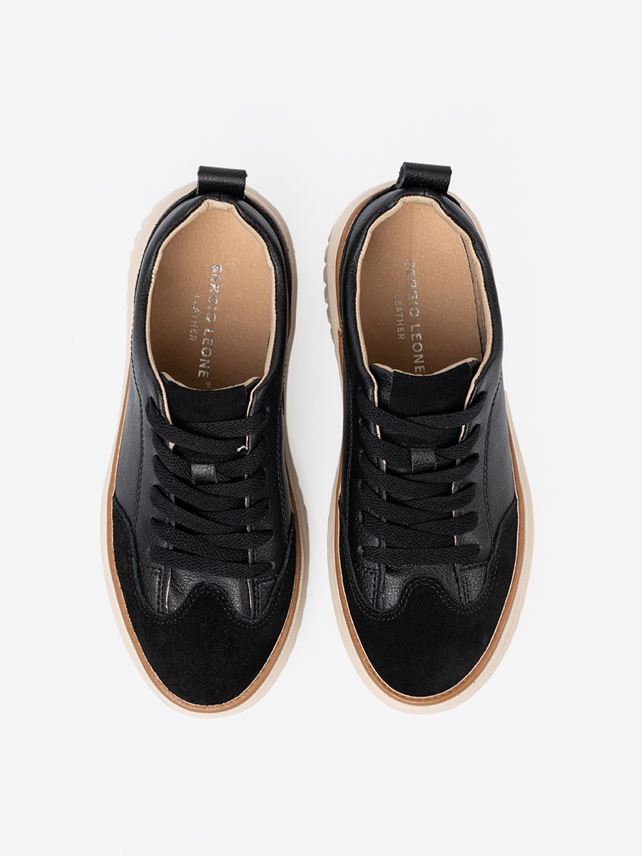 Čierne kožené sneakersy na béžovej platforme