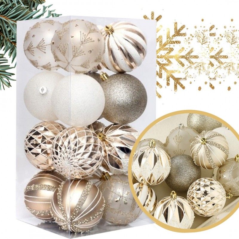 Ozdoby na stromček zlatá/biela, 8 cm, 16 kusov