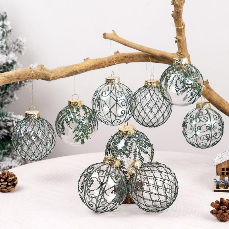 Ozdoby na stromček zelená/transparentná, 8 cm, 9 kusov